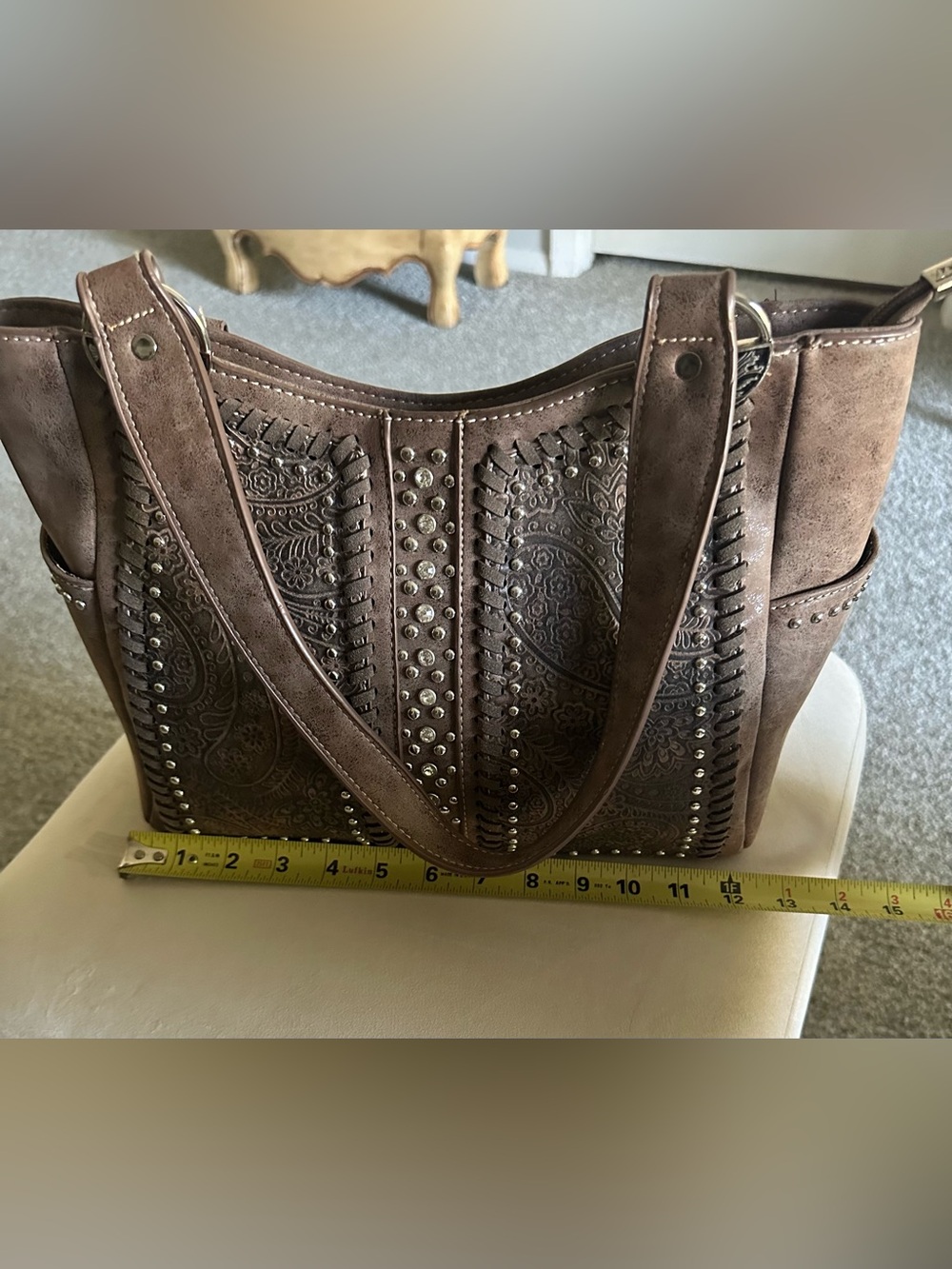 Montana West Brown Embossed Paisley Shoulder Bag with Stud Detailing 12 x10x 5